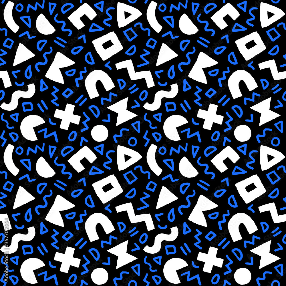 Obraz premium Vector seamless pattern with geometric shapes and brushstrokes. Abstract background with Scandinavian cut out elements.