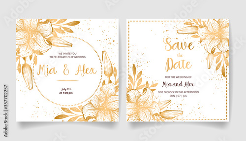 Wedding invitation card, save the date with golden frame, flowers, leaves and branches.

