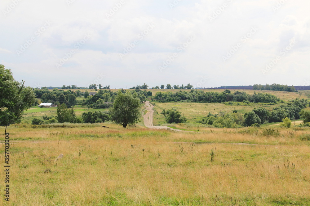 Rural landscape of the Central European part of Russia. A dirt road that goes over the horizon