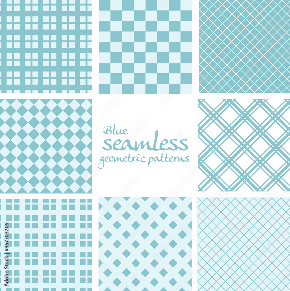 Set of blue seamless geometric patterns in square