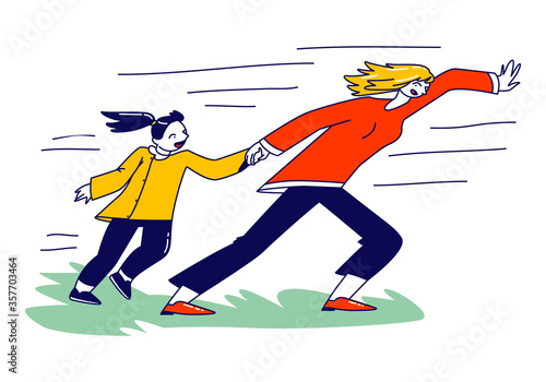 People at Thunderstorm with Extremely Blowing Wind. Woman Holding Daughter Hand Protecting from Hurricane. Female Character Fighting with Strong Wind in Cold Autumn Weather. Linear Vector Illustration