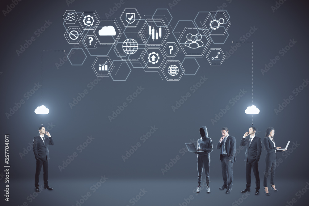 Businesspeople and hacker and glowing creative digital business interface Businesspeople and hacker and glowing creative digital business interface