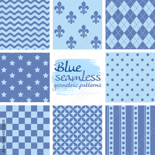  Set of blue seamless geometric patterns on white 4