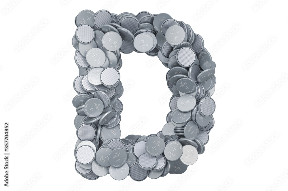 Letter D from button cells, 3D rendering Letter D from button cells, 3D rendering