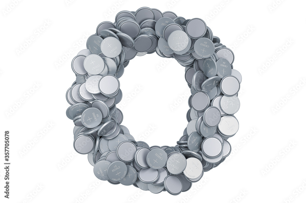 Letter O from button cells, 3D rendering Letter O from button cells, 3D rendering