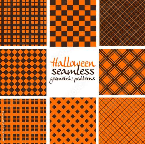 Set of brown and orange Halloween seamless geometric patterns in square