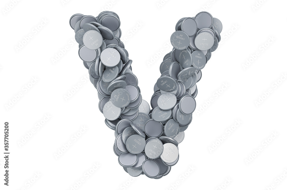 Letter V from button cells, 3D rendering Letter V from button cells, 3D rendering