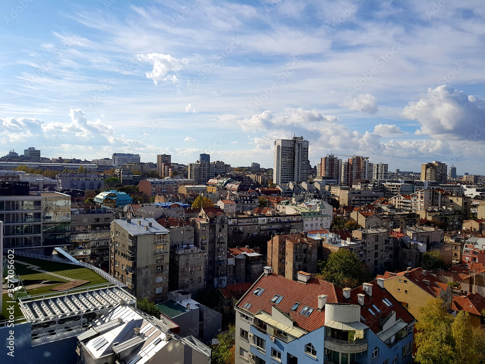 Belgrade cityscape. Roofs of old and modern buildings and different styles in the architecture of the city