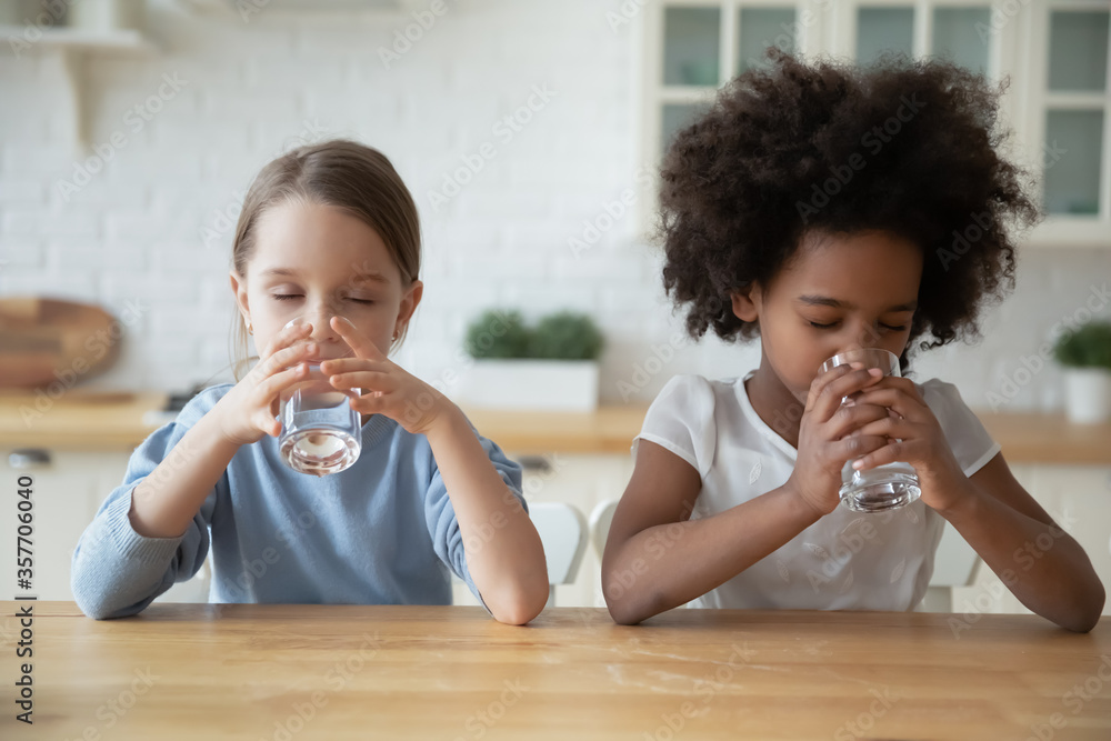 Two multi-ethnic dehydrated little girls reducing thirst drinking natural clean water seated at table in domestic kitchen. Healthy lifestyle, good life habit, daily body organism refreshment concept - obrazy, fototapety, plakaty 