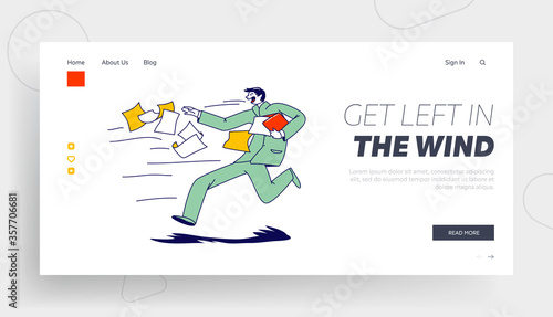Thunderstorm Tornado Landing Page Template. Business Man Character Running Fast Trying to Catch Flying Documents Blown Away with Strong Whirlwind in Cold Autumn Weather. Linear Vector Illustration