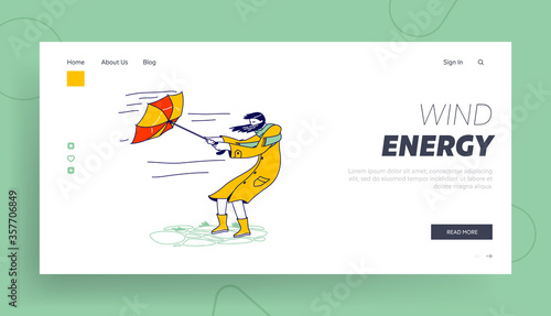 Thunderstorm with Extremely Blowing Wind Landing Page Template. Woman in Coat Holding Broken Umbrella Protecting from Hurricane. Female Character Fighting with Strong Wind. Linear Vector Illustration
