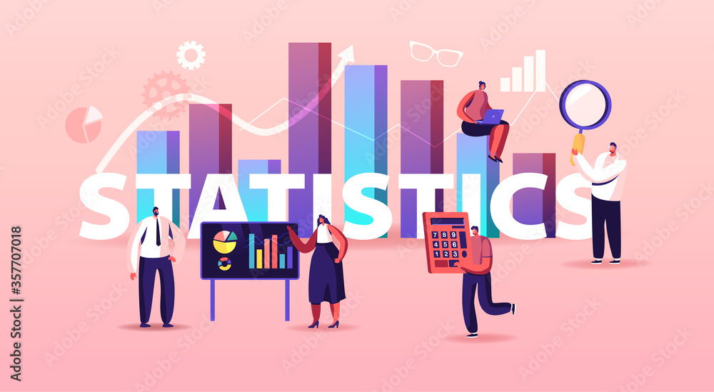 Statistics Concept. Tiny Characters at Touch Screen and Huge Column Data Chart. Project Management Analysis, Solutions with Development Graphs Poster Banner Flyer. Cartoon People Vector Illustration