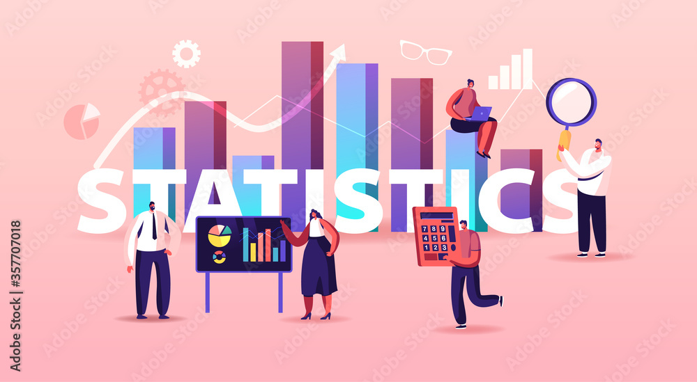 Obraz premium Statistics Concept. Tiny Characters at Touch Screen and Huge Column Data Chart. Project Management Analysis, Solutions with Development Graphs Poster Banner Flyer. Cartoon People Vector Illustration