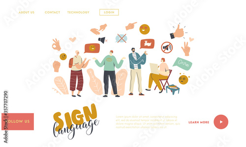 Characters Perform Hand Gestures Landing Page Template. Communication Language with no Sounds, Counting Fingers, Gesture Palm, Pointing Hand, Posing and Gesturing People. Linear Vector Illustration