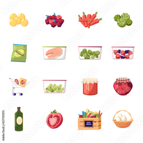 Set of Icons Farm Products Fresh Fruit, Vegetable and Eggs, Raw Fish and Frozen Veggies. Berries Jam in Glass Jar, Lemons and Carrot with Cabbage. Broccoli, Tomato and Oil. Cartoon Vector Illustration