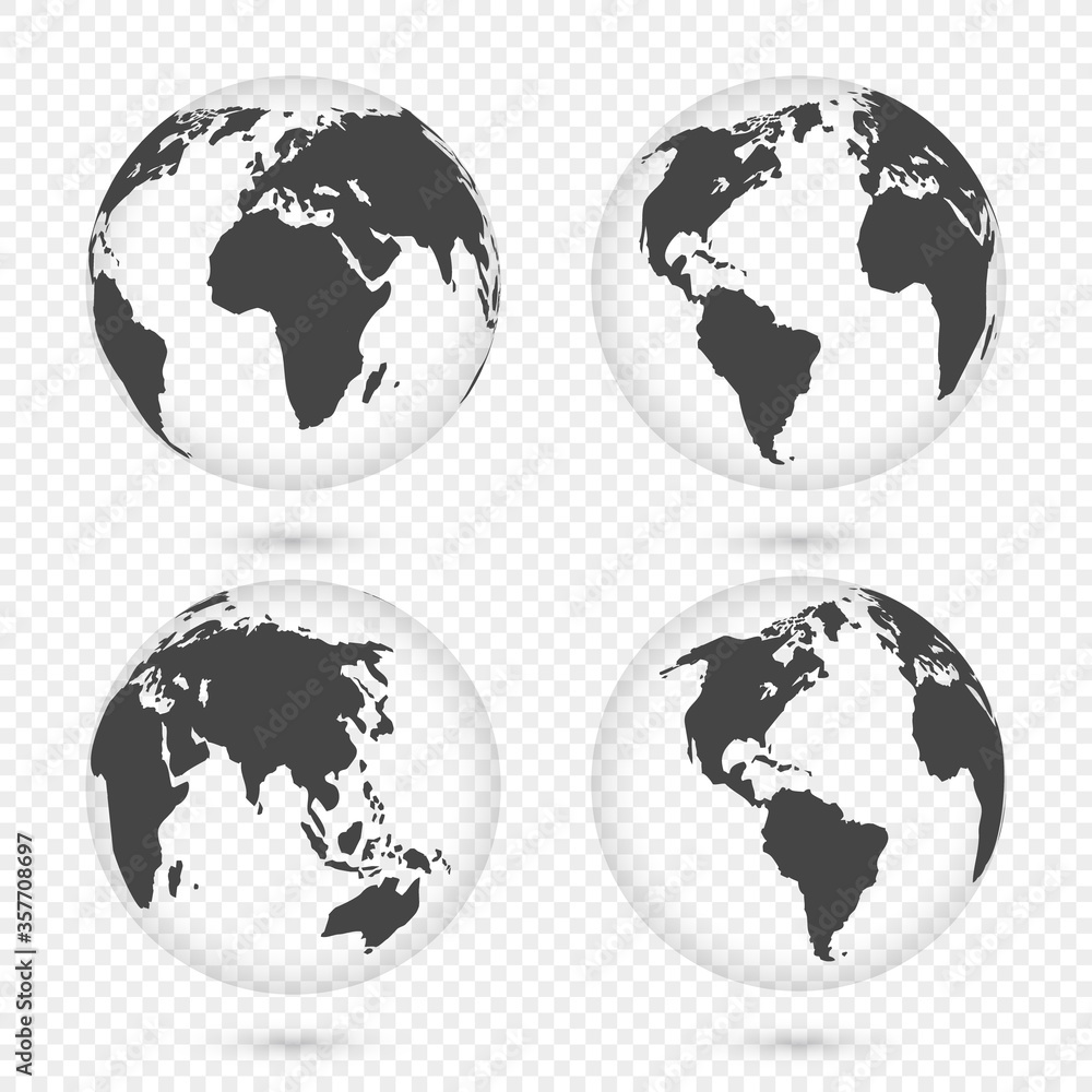 Earth globe. World map set. Planet with continents. Africa, Asia, Australia, Europe, North America and South America.