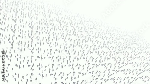 coming from up high in the white sky  to massive people crowd by flying camera in white isolated background