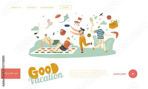 Happy People Enjoying Summer Outdoor Activities Landing Page Template. Characters Playing Twister, Badminton, Throw Flying Plate and Boomerang. Friends and Family on Picnic. Linear Vector Illustration