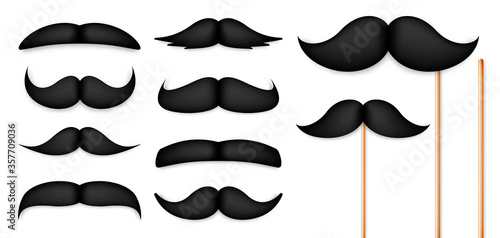 Realistic fake mustache on a stick. Vintage paper mustache collection. Vector illustration.