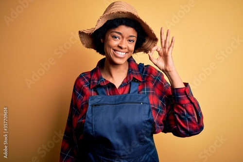 Young African American afro farmer woman with curly hair wearing apron and hat smiling positive doing ok sign with hand and fingers. Successful expression.