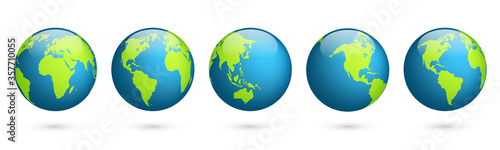 Earth globe. World map set. Planet with continents. Africa, Asia, Australia, Europe, North America and South America.