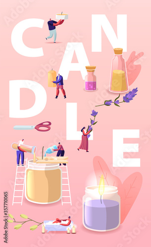 People Making and Use Candles at Home Concept. Characters with Various Ingredients Candle Wicks, Glass Jar, Wax, Herbs and Aroma Oil. Handmade Hobby Poster Banner Flyer. Cartoon Vector Illustration