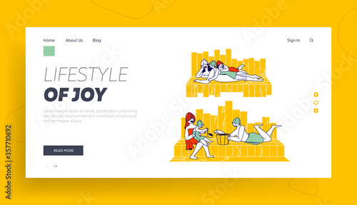 Happy Family in Sauna Landing Page Template. Mother, Father and Kids Characters in Towels Spend Time Together. Hygiene Procedure, Healthy Life. Children with Parents. Linear People Vector Illustration