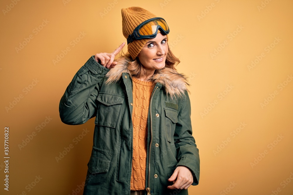 Middle age beautiful blonde skier woman wearing snow sportwear and ski goggles Smiling pointing to head with one finger, great idea or thought, good memory