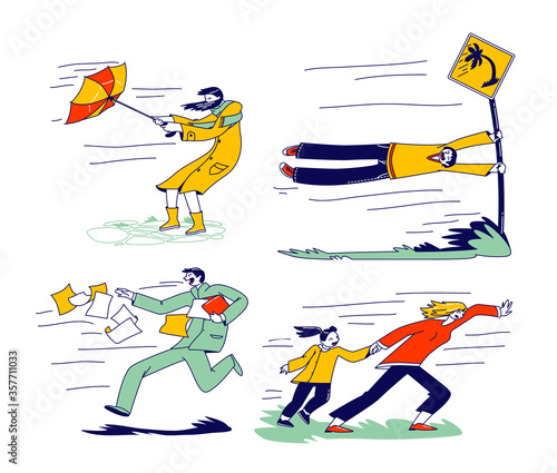Characters Fighting with Strong Wind, Woman with Destroyed Umbrella Trying to Protect from Storm and Rain. Man Hanging on Road Sign, Businessman with Scattered Docs. Linear People Vector Illustration