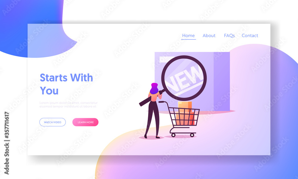 Product Life Cycle Landing Page Template. Tiny Customer Female Character Look in Magnifier on Box with New Goods. Brand Awareness Campaign, Business Branding and Marketing. Cartoon Vector Illustration