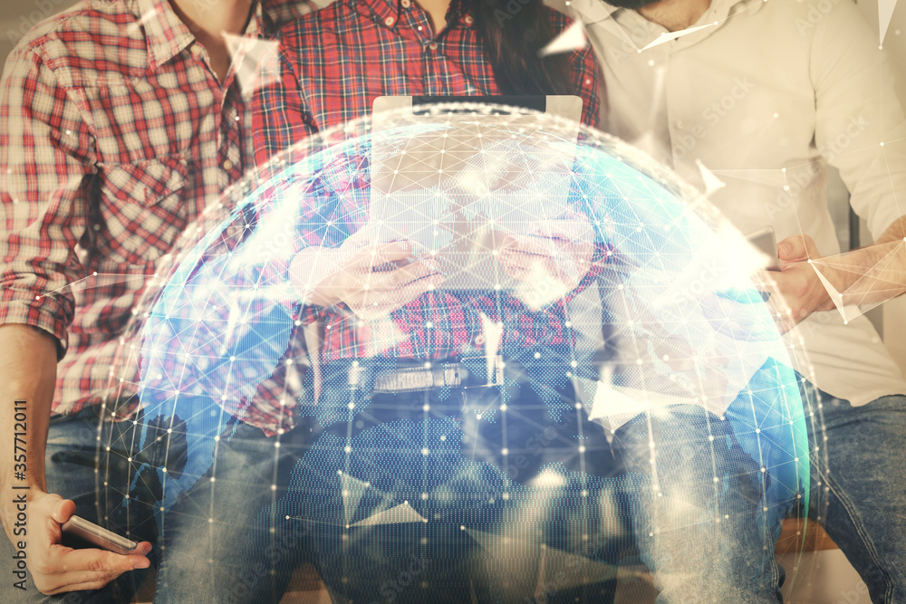 Double exposure of business theme drawing and man and woman working together holding and using a mobile device. Double exposure of business theme drawing and man and woman working together holding and using a mobile device.