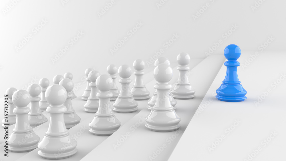 Leadership concept, blue pawn of chess, standing out from the crowd of whites. 3D Rendering Leadership concept, blue pawn of chess, standing out from the crowd of whites. 3D Rendering
