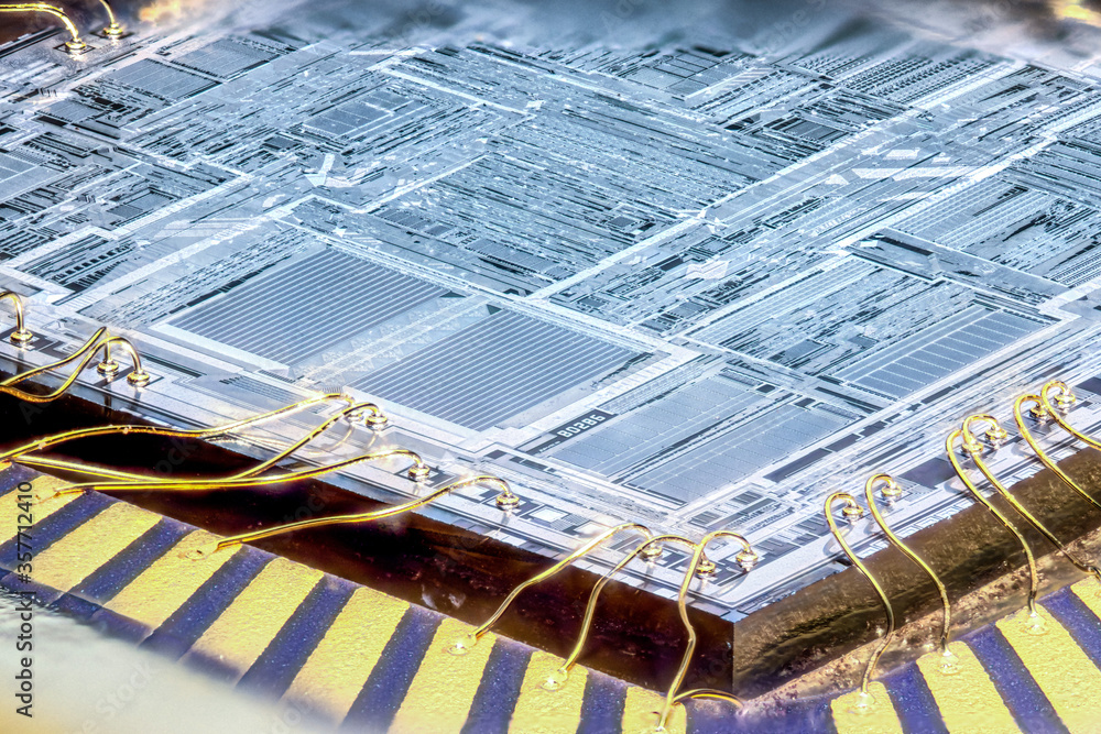 Inside of a microchip. Microcontroller silicon crystal. Close up. - obrazy, fototapety, plakaty 