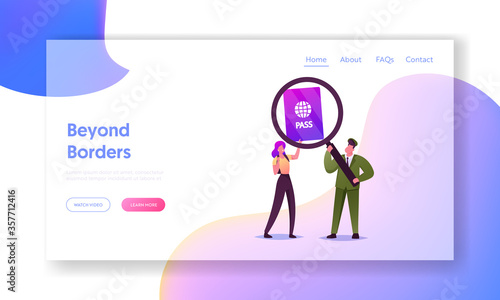 Visa Approval, Traveling Landing Page Template. Military Guard Character Look on Passport of Woman Crossing Border. Woman Tourist Leaving Country for Trip Abroad. Cartoon People Vector Illustration