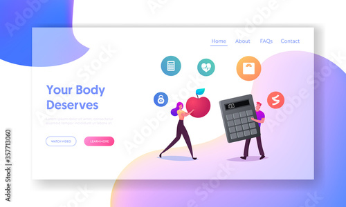 Dieting, Healthy Eating Landing Page Template. Tiny Characters with Huge Apple and Calculator. People Counting Calories or Body Mass Index. Human Health, Weightloss. Cartoon Vector Illustration