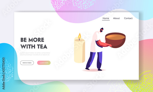 Tea Ceremony Landing Page Template. Asian Culture, Tradition and Tea Drinking Ritual. Tiny Male Character Carry Huge Cup with Hot Steaming Drink front of Burning Candle. Cartoon Vector Illustration