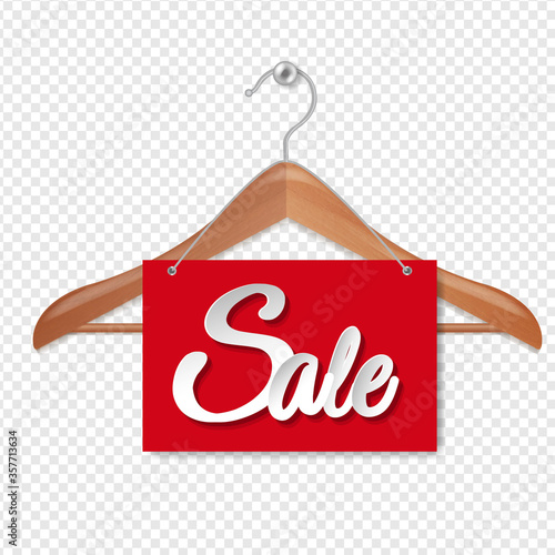 Wooden Hanger With sale Paper banner Isolated Transparent Background With Gradient Mesh, Vector Illustration