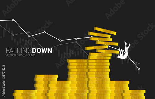 Silhouette of businessman falling down from stack of money coin. Concept of decline in business value and revenue.
