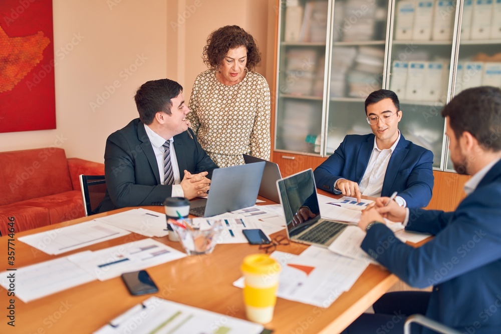 Obraz premium Business lawyers workers meeting at law firm office. Professional executive partners working on finance strategry at the workplace