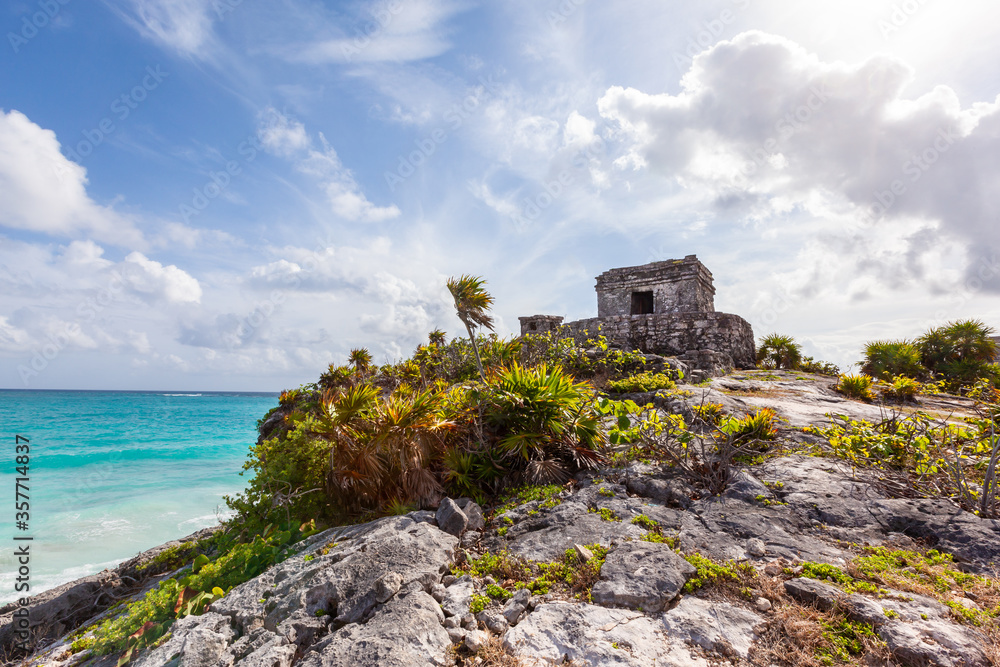 Mayan ruins over Caribbean Sea
