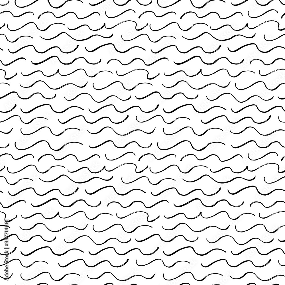 Curly waves hand drawn seamless pattern. Black ink curves vector texture. Brush lines on white background. Abstract brushstrokes freehand drawing. Monochrome paint wrapping paper, textile design. Curly waves hand drawn seamless pattern. Black ink curves vector texture. Brush lines on white background. Abstract brushstrokes freehand drawing. Monochrome paint wrapping paper, textile design.