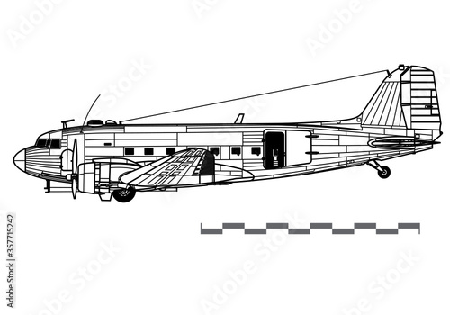 Douglas AC-47 Spooky. Vector drawing of close air support gunship. Side view. Image for illustration and infographics.