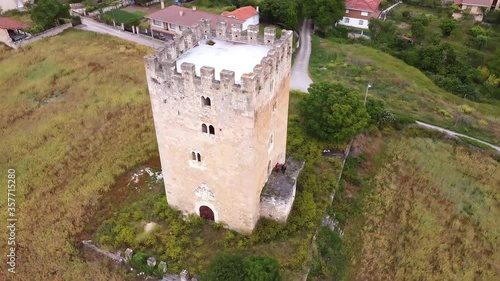  Aerial view of a medieval Tower in valdenoceda, Burgos, Spain. Ancient XIV Century tower in Burgos Castile and Leon. High quality 4k footage photo