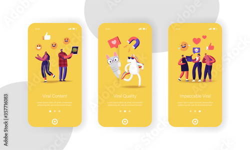 Viral Content Mobile App Page Onboard Screen Template. Funny Unicorn and Cat Characters, Social Media Streaming, Online Network Likes, Followers Attracting Concept. Cartoon People Vector Illustration