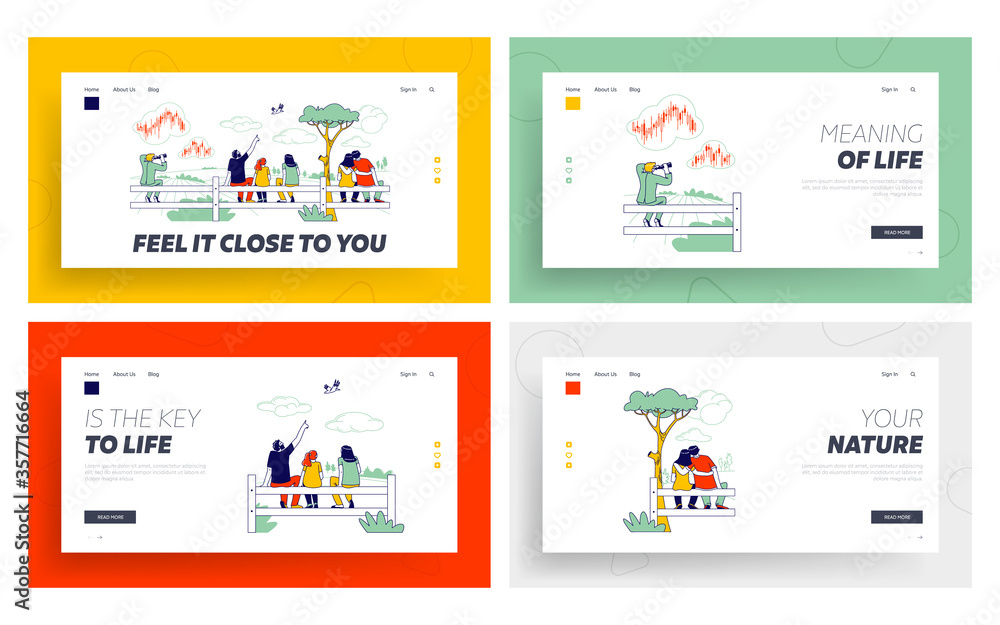 People Sit on Fence Rear View Landing Page Template Set. Happy Family Look on Bird, Loving Couple Embracing, Businessman Character Look in Binoculars on Stock Market Data. Linear Vector Illustration