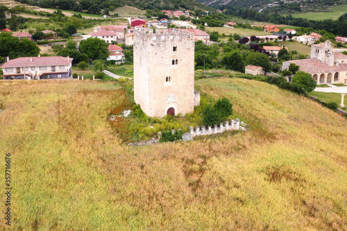  Aerial view of a medieval Tower in valdenoceda, Burgos, Spain. Ancient XIV Century tower in Burgos Castile and Leon. High quality 4k footage photo