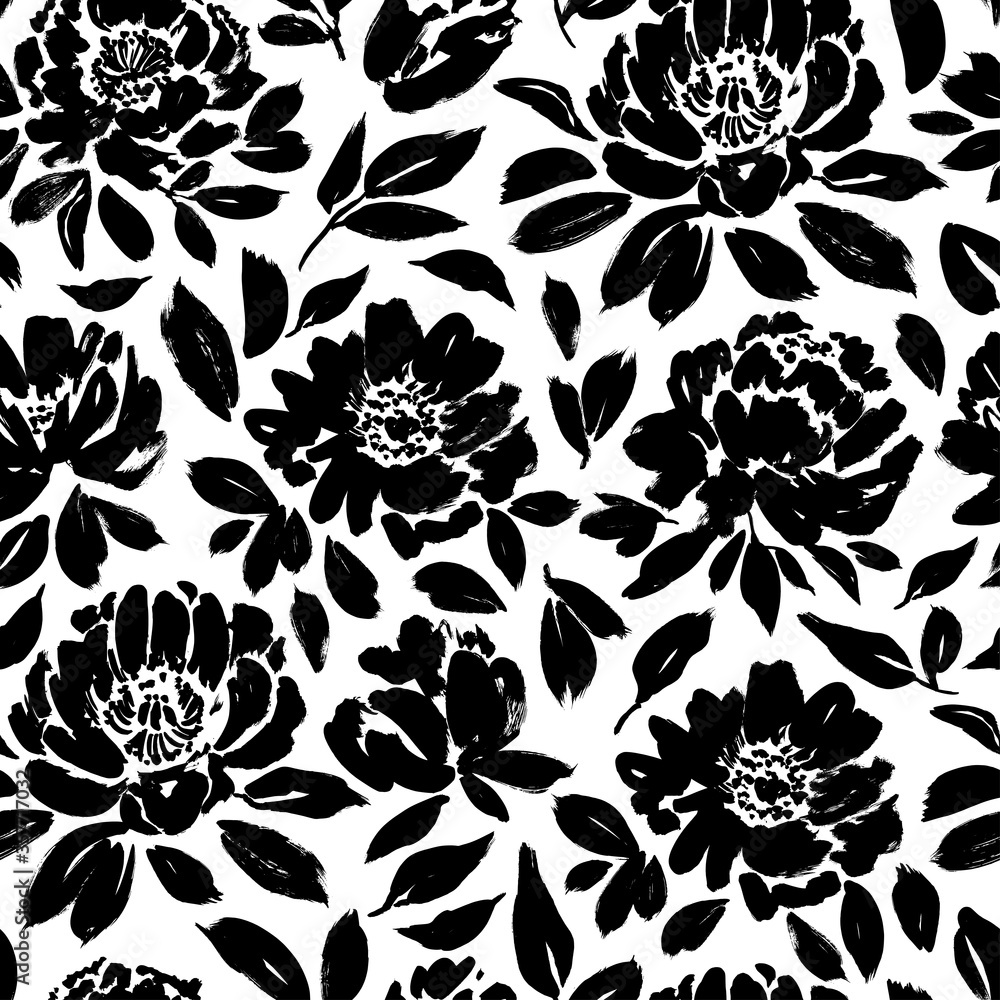 Seamless floral vector pattern with peonies, roses, anemones. Hand drawn black paint illustration with abstract flowers. Seamless floral vector pattern with peonies, roses, anemones. Hand drawn black paint illustration with abstract flowers.