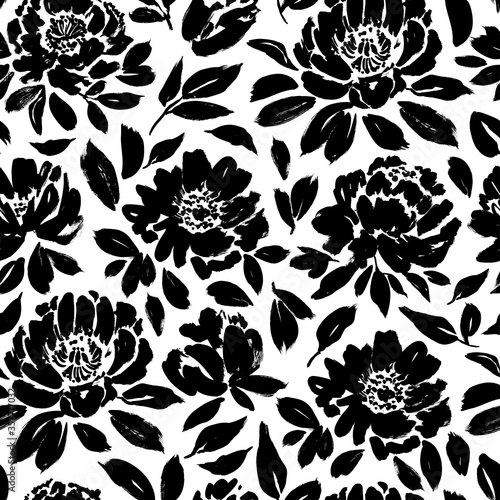 Seamless floral vector pattern with peonies, roses, anemones. Hand drawn black paint illustration with abstract flowers.