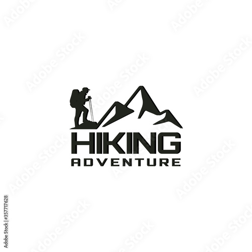 climbing logo design. a climber looks at a mountain. Mountain adventure logo stickers with elegant black and white colors