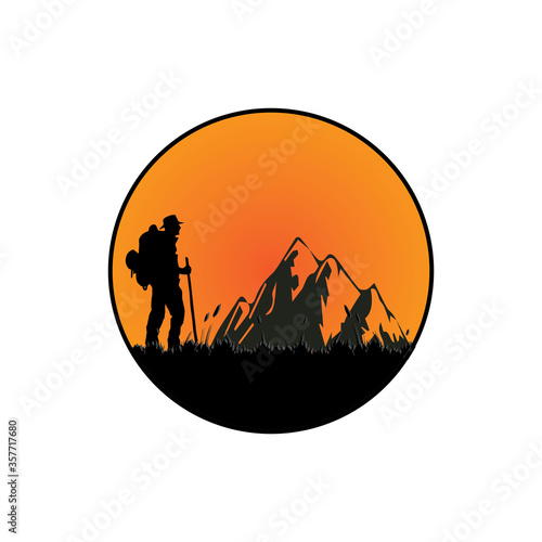 a climber looks at a mountain behind the beautiful sunset. Travel, tourism, hikes and adventure logos. Vector illustration